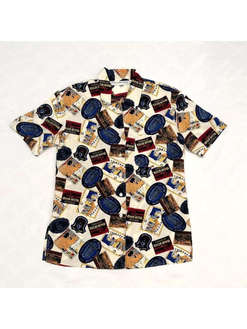 Vintage JH Collectibles Silky Travel Luggage Stamps Pattern Button Down Shirt
